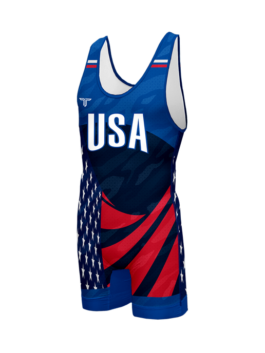 USA Waving Flag Wrestling Singlet - Blue